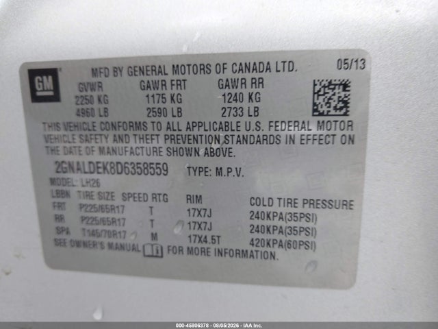 Aukcja sprzedaży 2013 Chevrolet Equinox Lt, vin: 2GNALDEK8D6358559, numer aukcji: 45806378