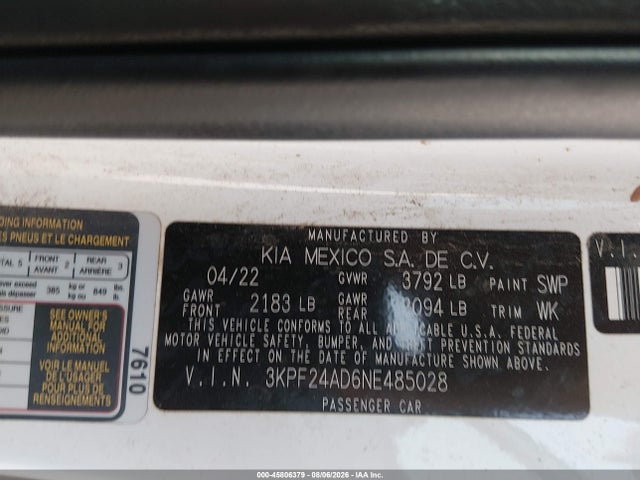 2022 Kia Forte Lxs მანქანა იყიდება აუქციონზე, vin: 3KPF24AD6NE485028, აუქციონის ნომერი: 45806379