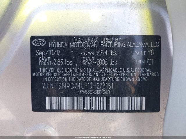 2018 Hyundai Elantra Se მანქანა იყიდება აუქციონზე, vin: 5NPD74LF1JH273151, აუქციონის ნომერი: 45806380