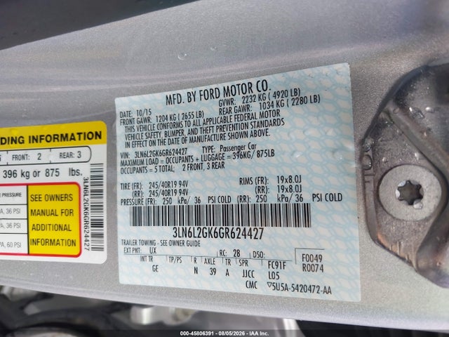 Продажа на аукционе авто 2016 Lincoln Mkz, vin: 3LN6L2GK6GR624427, номер лота: 45806391