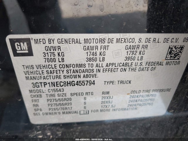 45806393 :رقم المزاد ، 3GTP1NEC8HG455794 vin ، 2017 Gmc Sierra 1500 Slt مزاد بيع