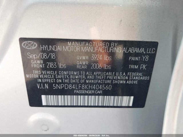 Aukcja sprzedaży 2019 Hyundai Elantra Sel, vin: 5NPD84LF8KH404560, numer aukcji: 45806394