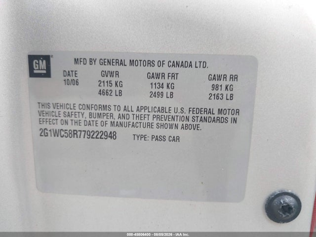 45806400 :رقم المزاد ، 2G1WC58R779222948 vin ، 2007 Chevrolet Impala 3.9l Lt مزاد بيع