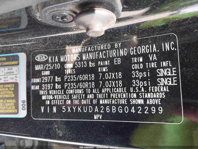 Продажа на аукционе авто 2011 Kia Sorento Ex V6, vin: 5XYKUDA26BG042299, номер лота: 45806407