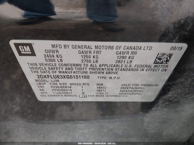 Aukcja sprzedaży 2016 Gmc Terrain Slt, vin: 2GKFLUE3XG6131180, numer aukcji: 45806408