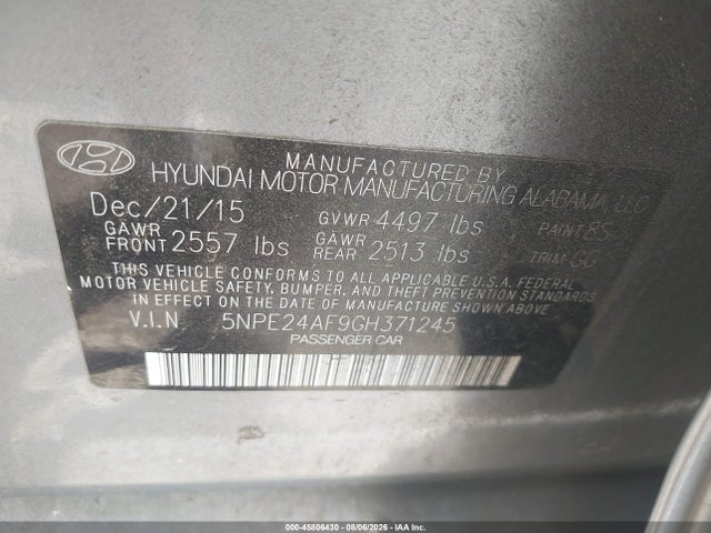 Продаж на аукціоні авто 2016 Hyundai Sonata Se, vin: 5NPE24AF9GH371245, номер лоту: 45806430
