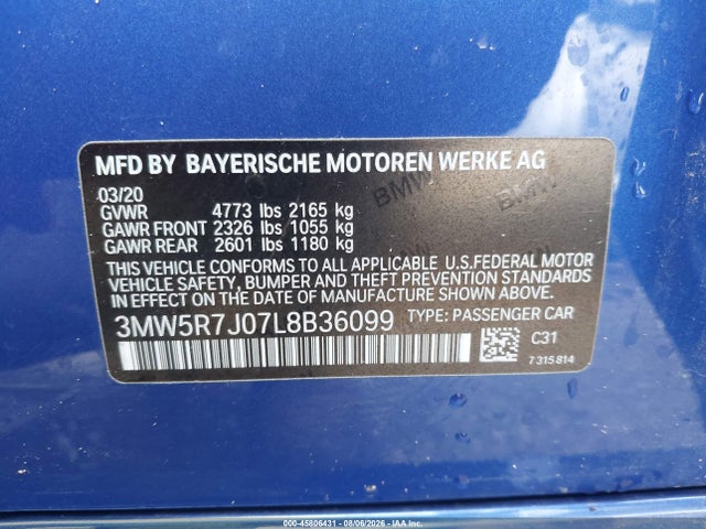 Aukcja sprzedaży 2020 Bmw 330i Xdrive, vin: 3MW5R7J07L8B36099, numer aukcji: 45806431