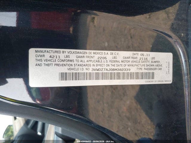 45806452 :رقم المزاد ، 3VWDZ7AJ0BM382339 vin ، 2011 Volkswagen Jetta 2.5l Se مزاد بيع