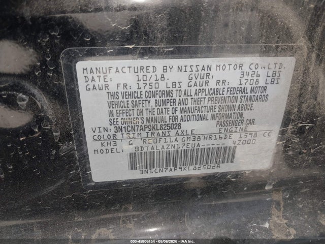 3N1CN7AP9KL825028 Nissan Versa 1.6 S+