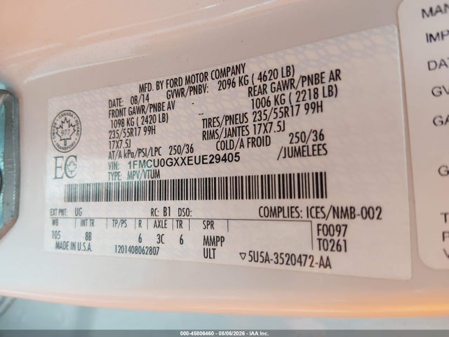 Продажа на аукционе авто 2014 Ford Escape Se, vin: 1FMCU0GXXEUE29405, номер лота: 45806460