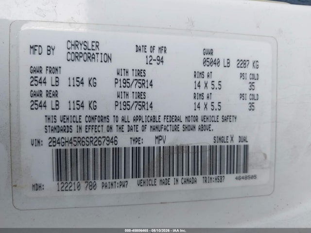 Продажа на аукционе авто 1995 Dodge Caravan Se, vin: 2B4GH45R6SR267946, номер лота: 45806465