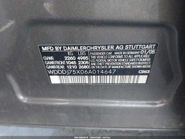 2006 Mercedes-benz Cls 500 მანქანა იყიდება აუქციონზე, vin: WDDDJ75X06A014647, აუქციონის ნომერი: 45806476