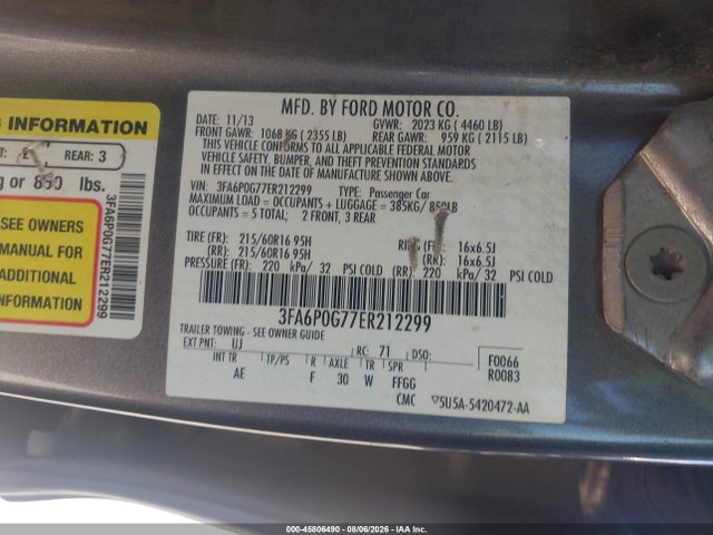45806490 :رقم المزاد ، 3FA6P0G77ER212299 vin ، 2014 Ford Fusion S مزاد بيع