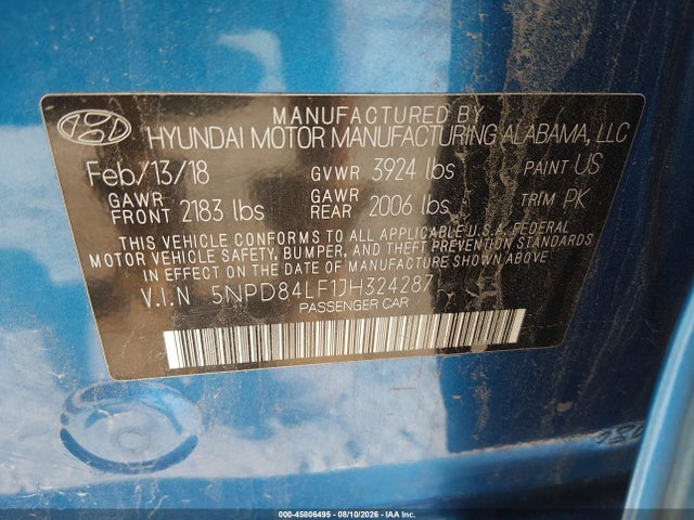 Aukcja sprzedaży 2018 Hyundai Elantra Sel, vin: 5NPD84LF1JH324287, numer aukcji: 45806495