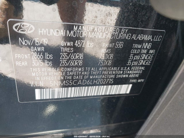 Продажа на аукционе авто 2020 Hyundai Santa Fe Limited, vin: 5NMS5CAD6LH202715, номер лота: 45806497