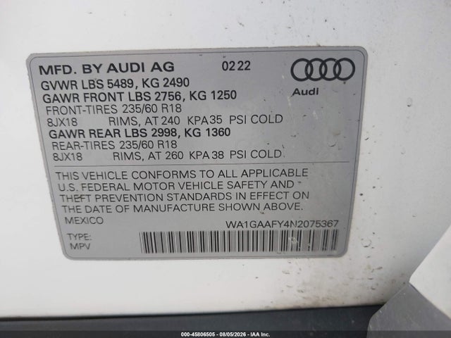 2022 Audi Q5 Premium 45 Tfsi S Line Quattro S Tronic მანქანა იყიდება აუქციონზე, vin: WA1GAAFY4N2075367, აუქციონის ნომერი: 45806505