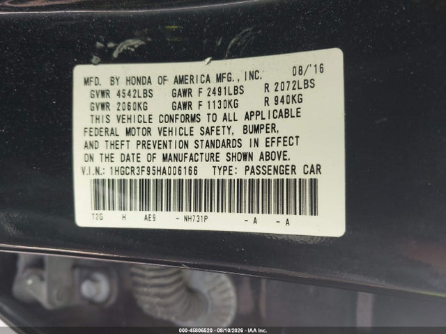 Продажа на аукционе авто 2017 Honda Accord Touring V6, vin: 1HGCR3F95HA006166, номер лота: 45806520