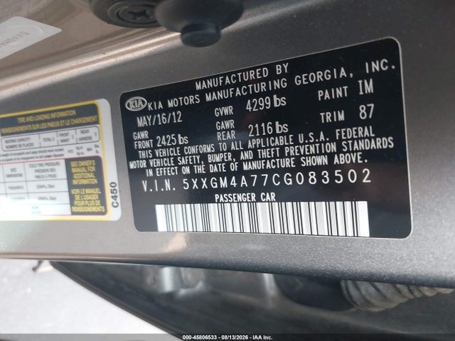 Продаж на аукціоні авто 2012 Kia Optima Lx, vin: 5XXGM4A77CG083502, номер лоту: 45806533