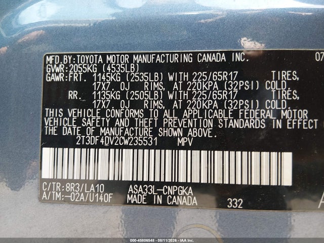 Продажа на аукционе авто 2012 Toyota Rav4 Limited, vin: 2T3DF4DV2CW235531, номер лота: 45806548