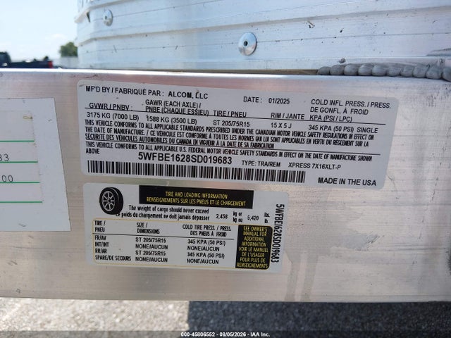 2025 Alcom Enclosed Box Trailer მანქანა იყიდება აუქციონზე, vin: 5WFBE1628SD019683, აუქციონის ნომერი: 45806552