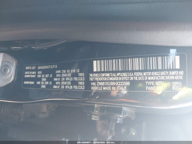 Aukcja sprzedaży 2017 Maserati Levante, vin: ZN661XUS6HX222586, numer aukcji: 45806571