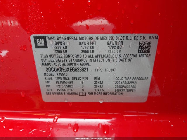 Aukcja sprzedaży 2014 Chevrolet Silverado 1500 Ltz, vin: 3GCUKSEJXEG528821, numer aukcji: 45806580