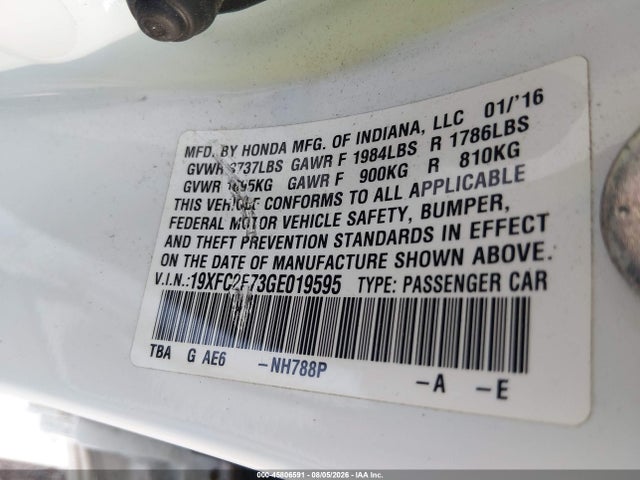 Aukcja sprzedaży 2016 Honda Civic Ex, vin: 19XFC2F73GE019595, numer aukcji: 45806591