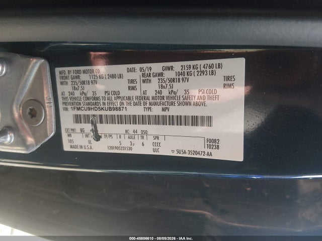 Продаж на аукціоні авто 2019 Ford Escape Sel, vin: 1FMCU9HD5KUB98871, номер лоту: 45806610