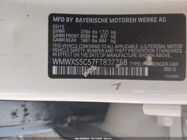 45806628 :رقم المزاد ، WMWXS5C57FT832758 vin ، 2015 Mini Hardtop Cooper مزاد بيع
