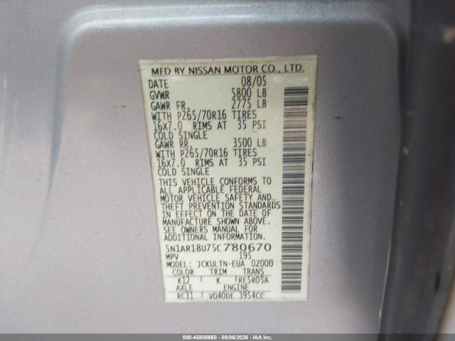 Aukcja sprzedaży 2005 Nissan Pathfinder Se, vin: 5N1AR18U75C780670, numer aukcji: 45806660