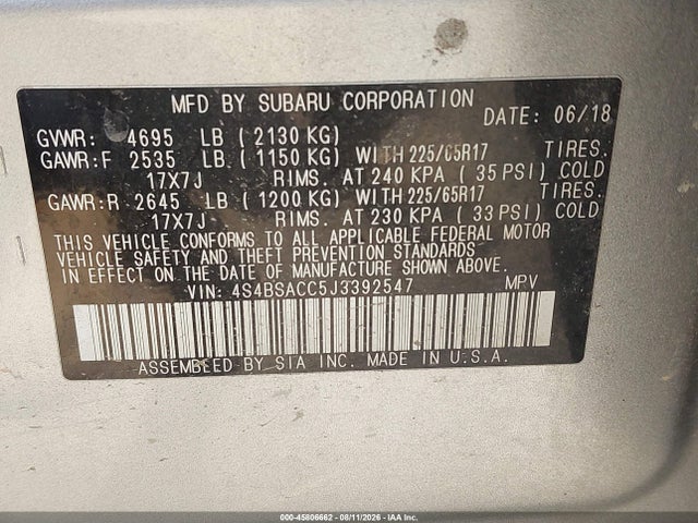 Subaru Outback 2.5i Premium 2018 4S4BSACC5J3392547 Image 9