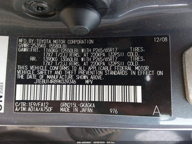 2009 Toyota 4runner Sr5 V6 მანქანა იყიდება აუქციონზე, vin: JTEBU14R89K039346, აუქციონის ნომერი: 45806667