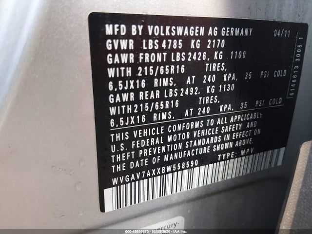 Продажа на аукционе авто 2011 Volkswagen Tiguan S, vin: WVGAV7AXXBW558590, номер лота: 45806670