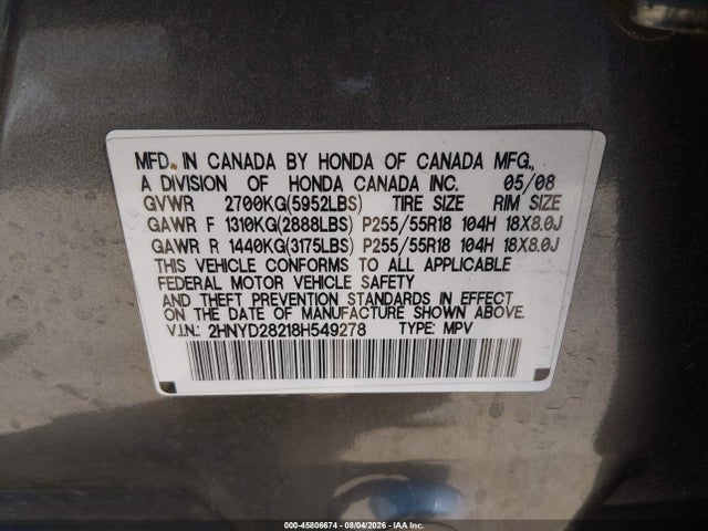 2008 Acura Mdx მანქანა იყიდება აუქციონზე, vin: 2HNYD28218H549278, აუქციონის ნომერი: 45806674