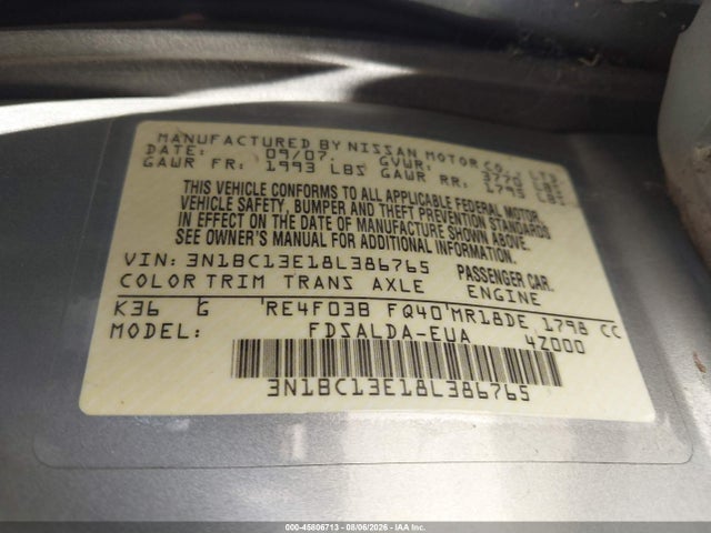 45806713 :رقم المزاد ، 3N1BC13E18L386765 vin ، 2008 Nissan Versa 1.8 S مزاد بيع
