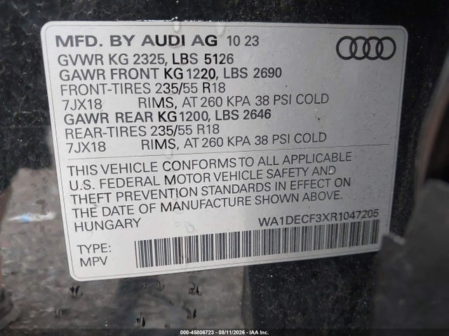 Aukcja sprzedaży 2024 Audi Q3 Premium 45 Tfsi S Line Quattro Tiptronic, vin: WA1DECF3XR1047205, numer aukcji: 45806723