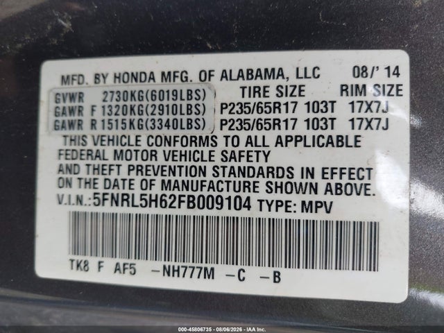 Honda Odyssey Ex-l 2015 5FNRL5H62FB009104 Image 9