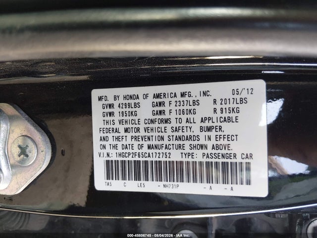 Aukcja sprzedaży 2012 Honda Accord 2.4 Se, vin: 1HGCP2F65CA172752, numer aukcji: 45806745