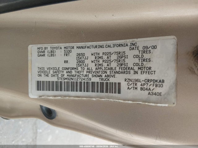 45806746 :رقم المزاد ، 5TESM92N11Z724159 vin ، 2001 Toyota Tacoma Prerunner مزاد بيع