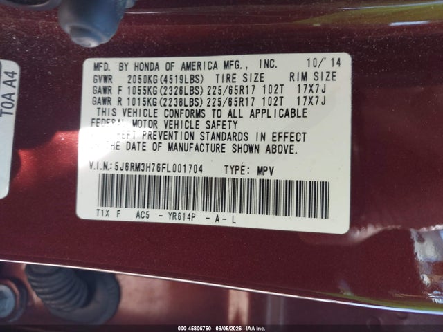 5J6RM3H76FL001704 Honda Cr-v Ex-l
