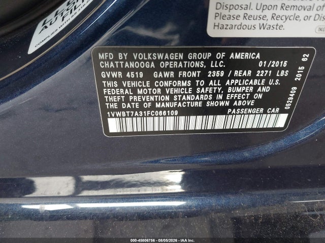 Продажа на аукционе авто 2015 Volkswagen Passat 1.8t Se, vin: 1VWBT7A31FC066109, номер лота: 45806756