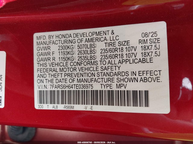 45806760 :رقم المزاد ، 7FARS6H64TE036975 vin ، 2026 Honda Cr-v Hybrid Awd Trailsport مزاد بيع