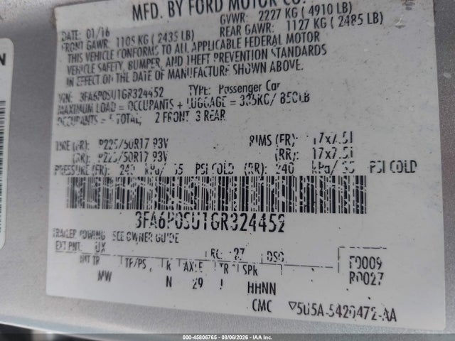 Продаж на аукціоні авто 2016 Ford Fusion Energi Titanium, vin: 3FA6P0SU1GR324452, номер лоту: 45806765