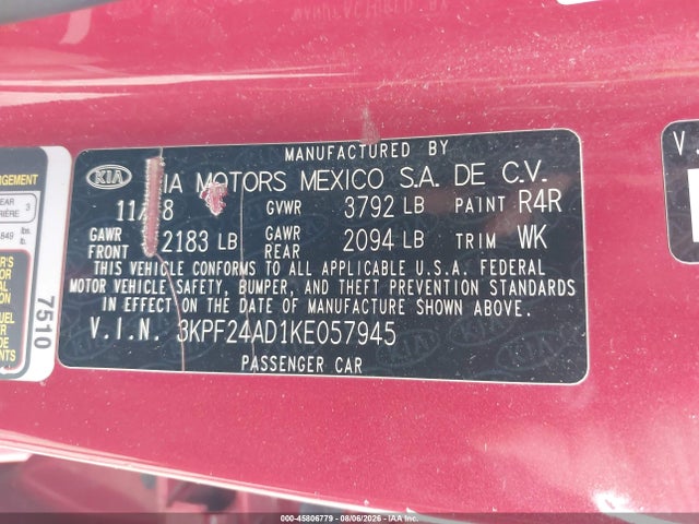 Продажа на аукционе авто 2019 Kia Forte Fe/lxs, vin: 3KPF24AD1KE057945, номер лота: 45806779