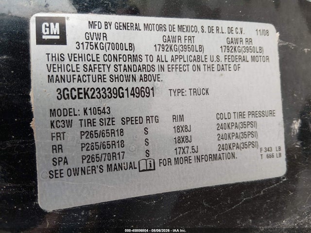 Продаж на аукціоні авто 2009 Chevrolet Silverado 1500 Lt, vin: 3GCEK23339G149691, номер лоту: 45806804