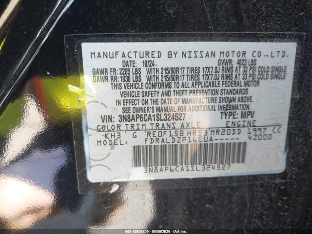 45806809 :رقم المزاد ، 3N8AP6CA1SL324527 vin ، 2025 Nissan Kicks Sv Fwd مزاد بيع