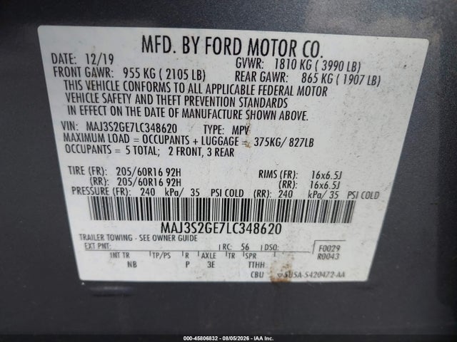 Продаж на аукціоні авто 2020 Ford Ecosport Se, vin: MAJ3S2GE7LC348620, номер лоту: 45806832