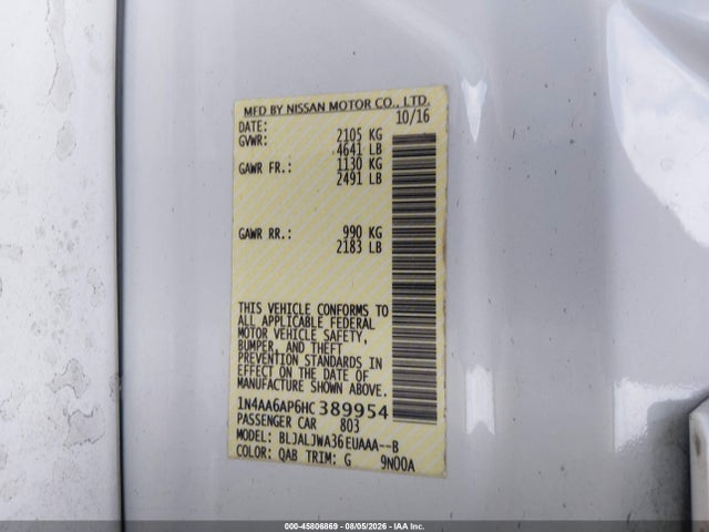 Продаж на аукціоні авто 2017 Nissan Maxima 3.5 Sv, vin: 1N4AA6AP6HC389954, номер лоту: 45806869