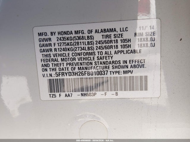 Продажа на аукционе авто 2015 Acura Mdx, vin: 5FRYD3H26FB010037, номер лота: 45806889