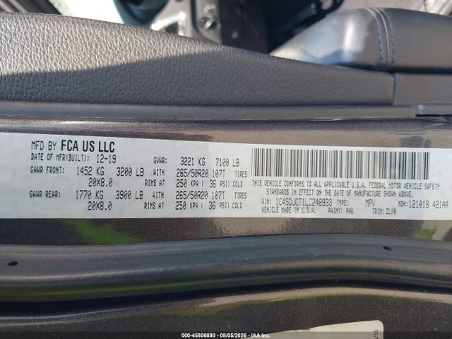 45806890 :رقم المزاد ، 1C4SDJCT1LC248933 vin ، 2020 Dodge Durango R/t Awd مزاد بيع